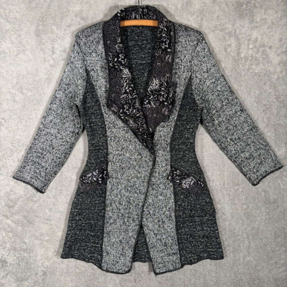 Alberto Makali Womens Medium Gray Black Marled Knit Floral Brocade Jacket Coat